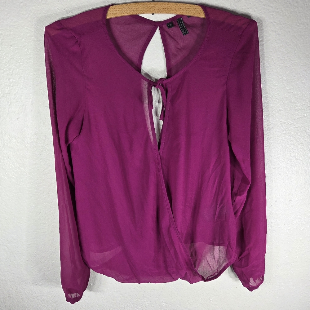Guess Magenta Sheer Mesh Size XS  Wrap Long Sleeves Top Blouse Open Back